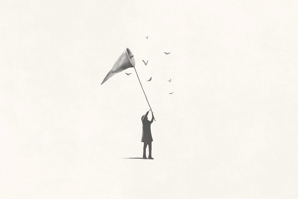 Illustration of man catching butterfly, surreal minimal concept